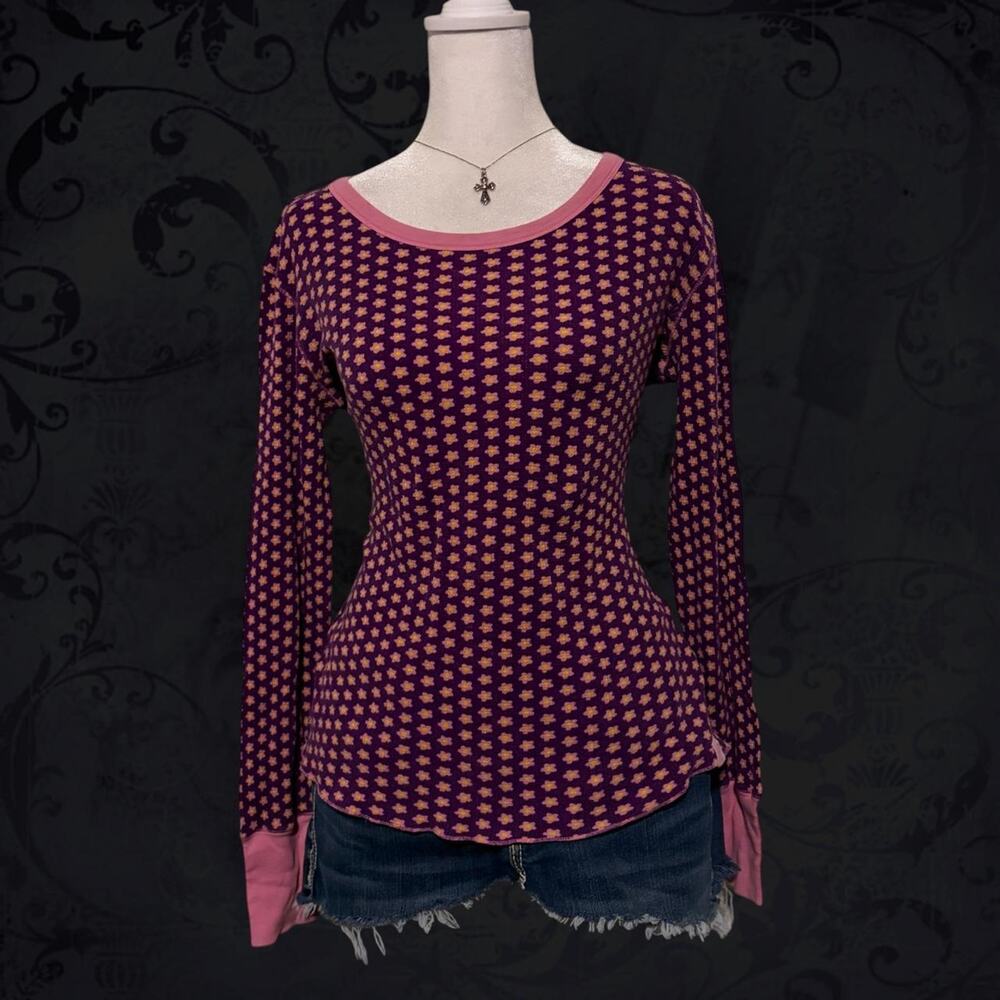 retro baby pink micro floral dot print fairy boho purple top